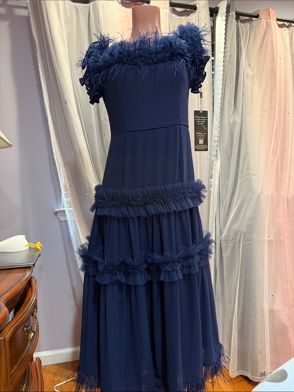 Shani Navy Feather & Tulle Tiered Evening Gown